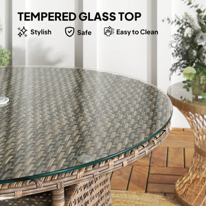 Round garden table with parasol hole and tempered glass top, brown