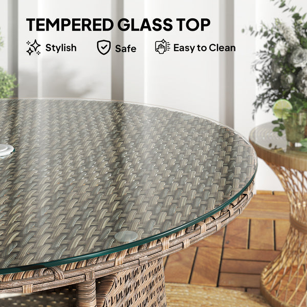 Round garden table with parasol hole and tempered glass top, brown