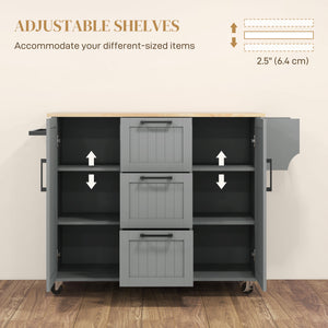 Kitchen trolley on wheels with flap, 3 drawers, solid wood top and towel rail