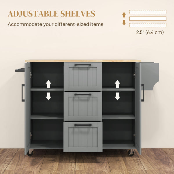 Kitchen trolley on wheels with flap, 3 drawers, solid wood top and towel rail