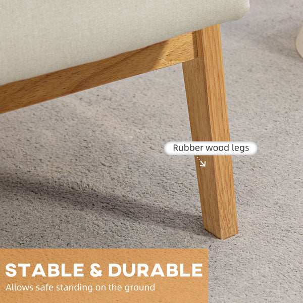 Retro fabric accent chair with wooden armrests, cream white