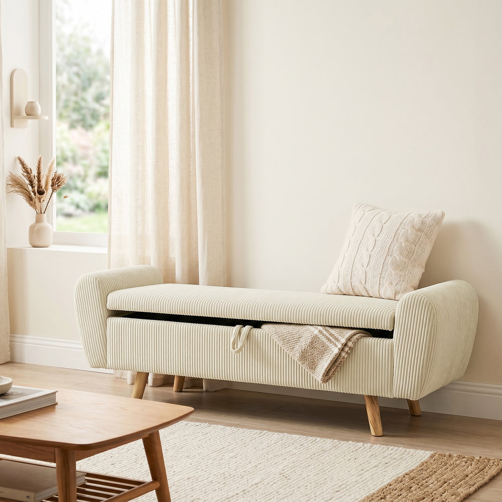 59" Corduroy Storage Bench, Beige