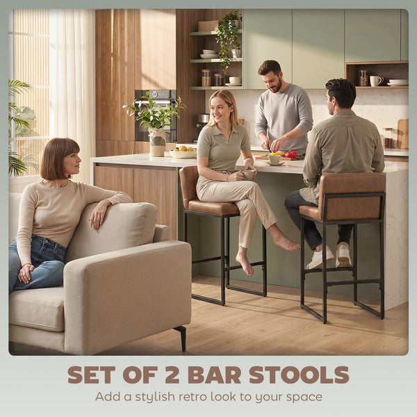 Set of 2 faux leather bar stools with curved backrest and footrest, brown