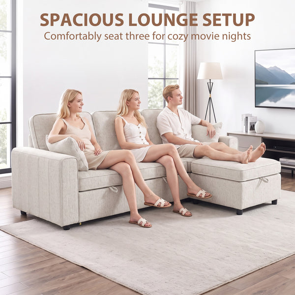 Modular sectional sofa bed with reversible storage ottoman and spring cushions, beige