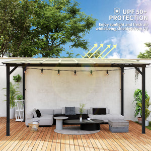 10' x 14' Hardtop Pergola, Wall Mounted or Freestanding, with Waterproof Polycarbonate Roof and UPF 50+ Protection Rating