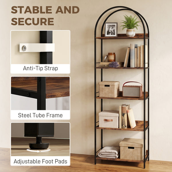 5-tier arched bookshelf with metal frame – Rustic brown and black