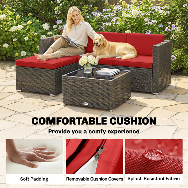 3 Piece Patio Furniture Set with Cushions, Outdoor PE Rattan Wicker Conversation Corner Sofa Set with Glass Top Table