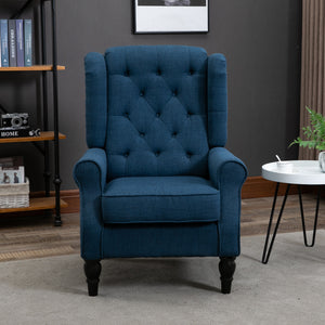 Upholstered accent chair with wooden legs, blue