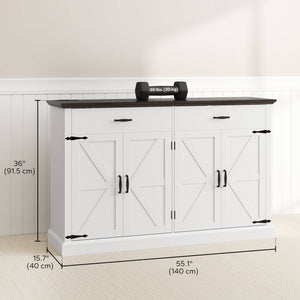 55" Country Style Sideboard with Top, 4 Barn Doors, 2 Drawers and 2 Adjustable Shelves, White