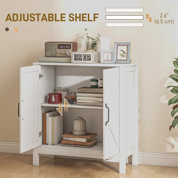 Kitchen buffet with barn-style sliding door and adjustable shelves, white wood look.
