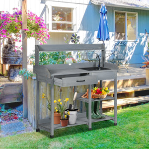 Potting table with drawer, removable sink and hooks, grey