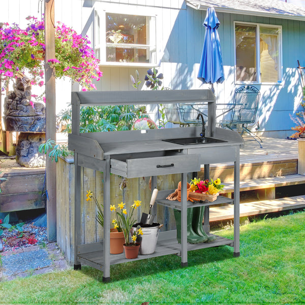 Potting table with drawer, removable sink and hooks, grey