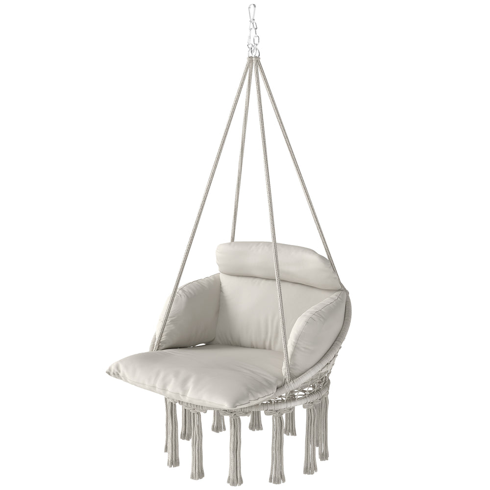 Boho Hammock Chair Swing Hanging Chair with Cushion, Chain, Steel Frame for Indoor Outdoor Bedroom Patio Balcony, Cream