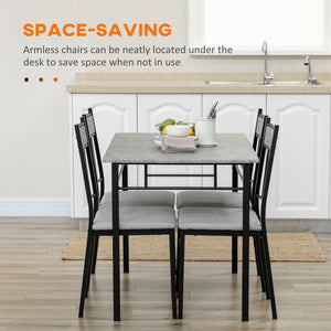 5-Piece Dining Set for 4, with Marble-Effect Top, Upholstered Chairs and Grey Metal Frame.