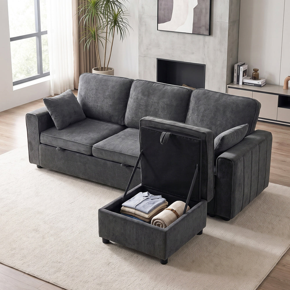 Modular sectional sleeper sofa with reversible storage ottoman with spring cushion, dark grey