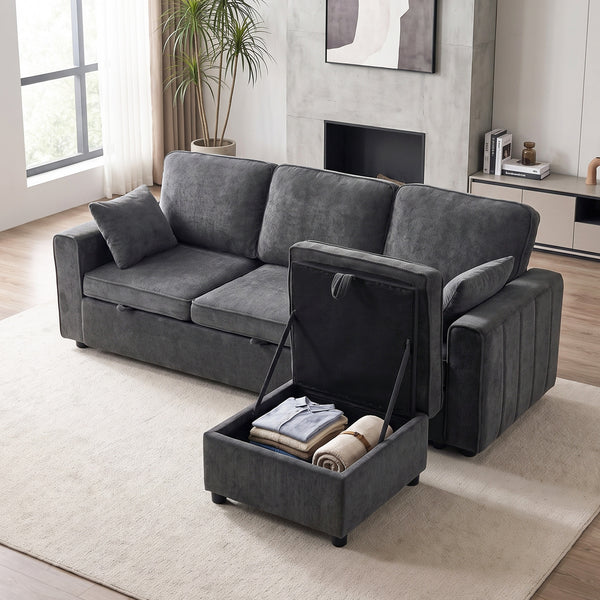Modular sectional sleeper sofa with reversible storage ottoman with spring cushion, dark grey