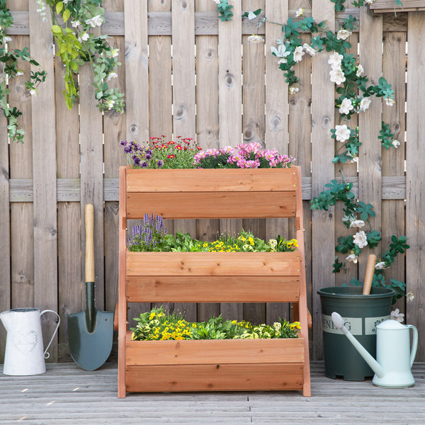Three-tier raised wooden planter for flowers and vegetables, brown