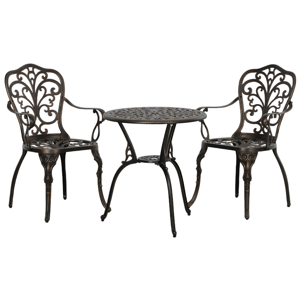 Ensemble bistro 3 pièces en fonte d’aluminium couleur bronze avec table ronde, 2 chaises et trou pour parasol – mobilier de jardin compact et élégant