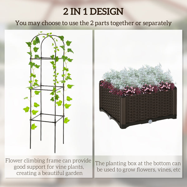 Raised planter with trellis, automatic watering disc and drainage holes