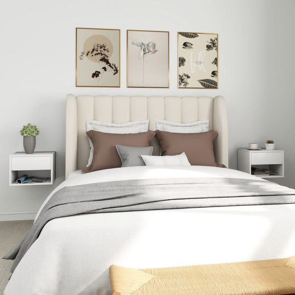 Set of 2 floating bedside tables, wall mounted with drawer, white