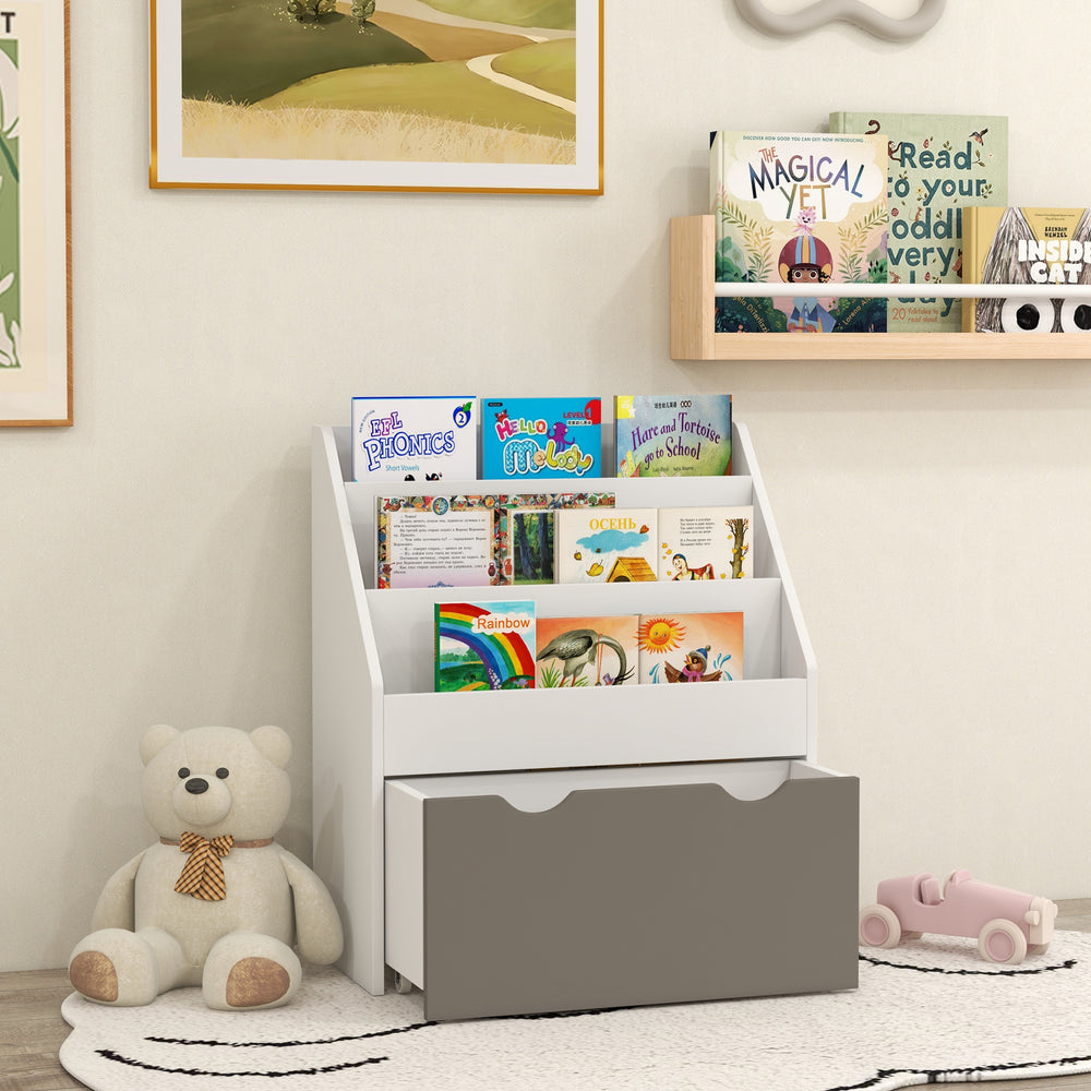 Children's bookcase with 3 shelves and drawers, gray