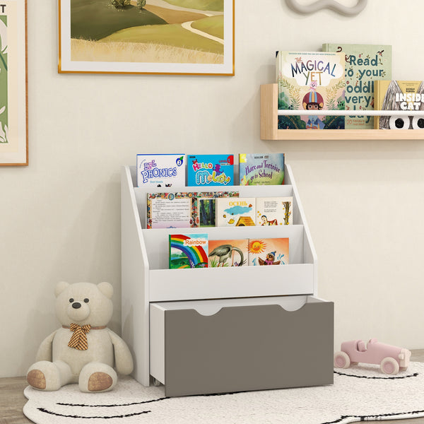 Children's bookcase with 3 shelves and drawers, gray