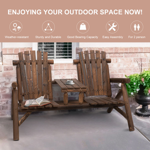 Wood Adirondack Patio Chair Bench with Center Coffee Table, for Lounging and Relaxing Outdoors Carbonized
