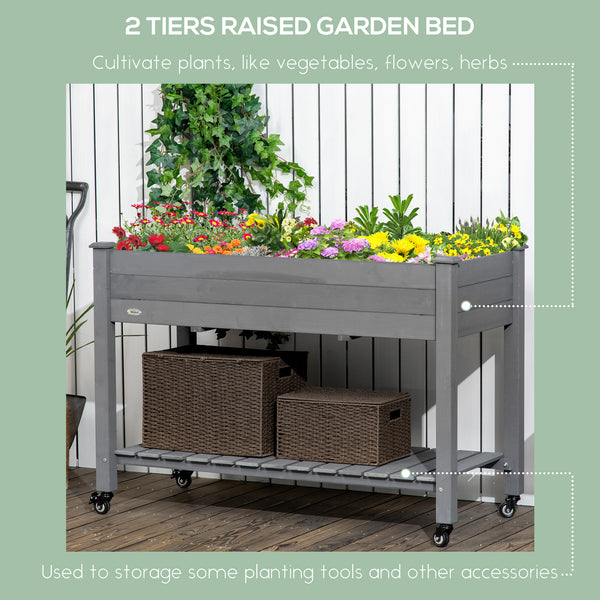 Raised wooden planter with lockable casters and storage shelf, dark grey