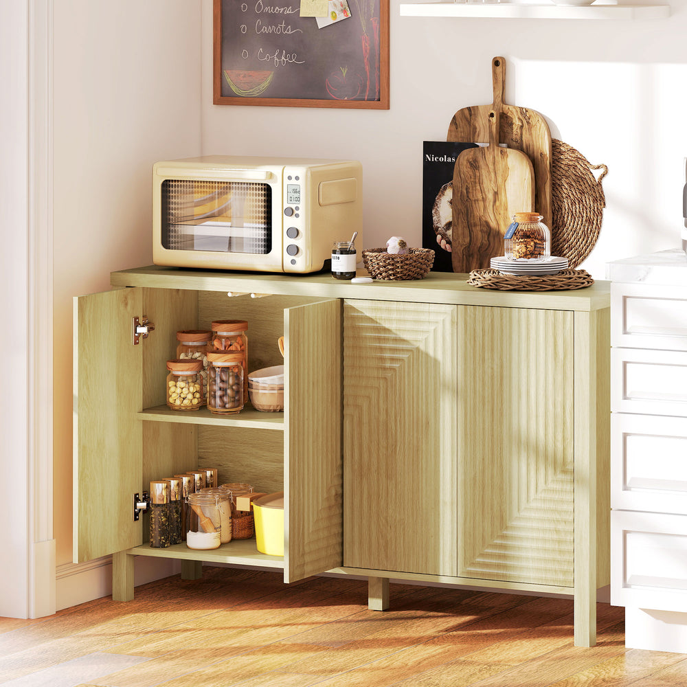 Buffet with fluted doors, push-to-open mechanism, 2 adjustable shelves and 4 doors, natural color