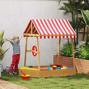 Qaba Wooden Kids Sandbox with Cover, 4 Seats, Rudder, Deck, Bottom Liner, 52" x 40" x 55.5", for Ages 3-8, Yellow