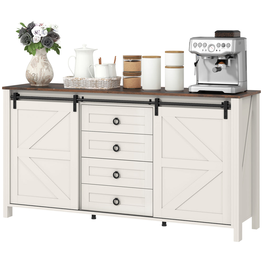 Buffet with barn-style sliding doors, drawers and adjustable shelves, cream white