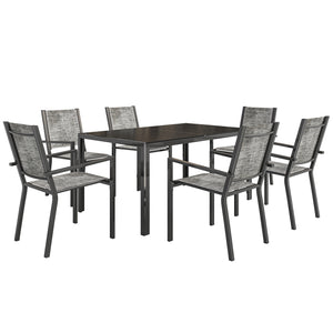 7 Piece Outdoor Dining Set with 6 Stackable Chairs, Rectangle Table, WPC Slatted Top, Rust-Resistant Steel Frame