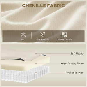 Three-seater sofa in chenille without frame, wide seat, spring cushions, high-density foam, 3 cushions, cream white