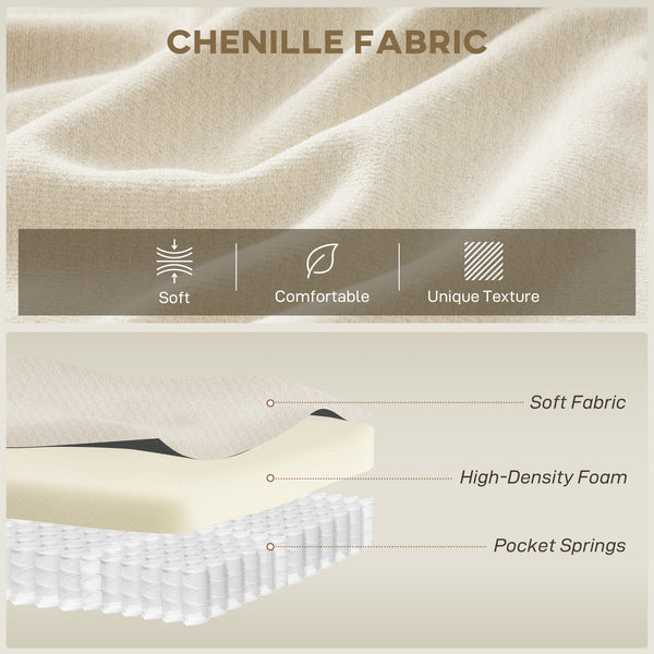 Three-seater sofa in chenille without frame, wide seat, spring cushions, high-density foam, 3 cushions, cream white