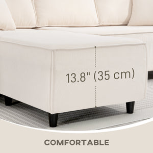 Corner sofa with convertible chaise longue, pocket springs, 2 cushions, cream white
