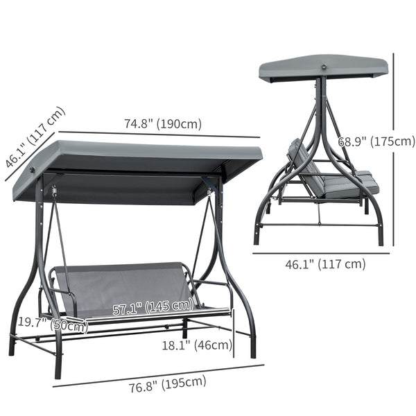 Convertible swing chair with canopy and cushions, 3-seater, dark grey