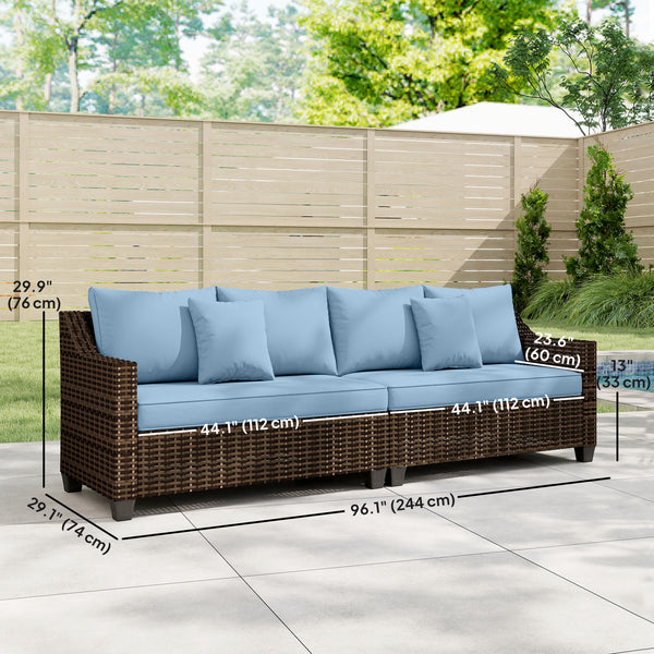 Modular PE resin wicker garden lounge set, 4 seats, with 2 loveseats, cushions and pillows, blue.