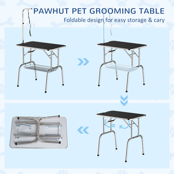 Stainless steel dog grooming table with adjustable arm and basket