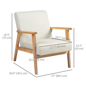 Retro fabric accent chair with wooden armrests, cream white