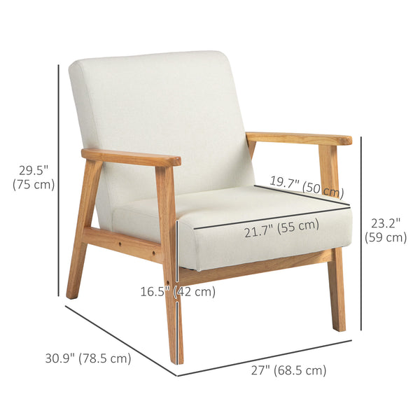 Retro fabric accent chair with wooden armrests, cream white
