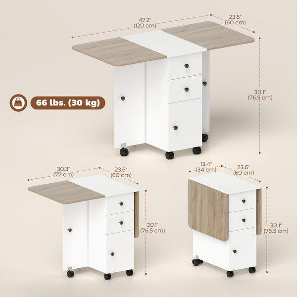 Mobile folding table on casters with drawers and cupboard, white and oak