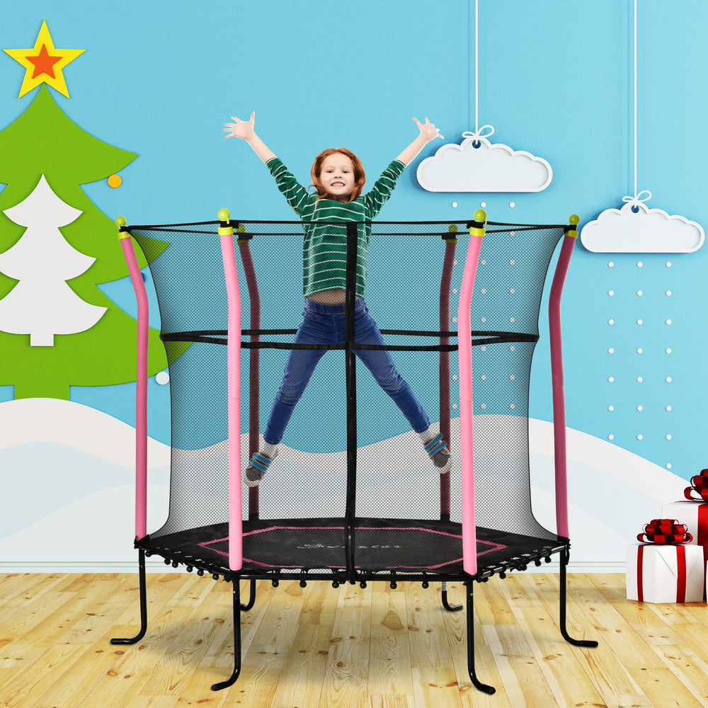Trampoline 5,2 pieds avec filet de sécurité, barre élastique et rembourrée, rose