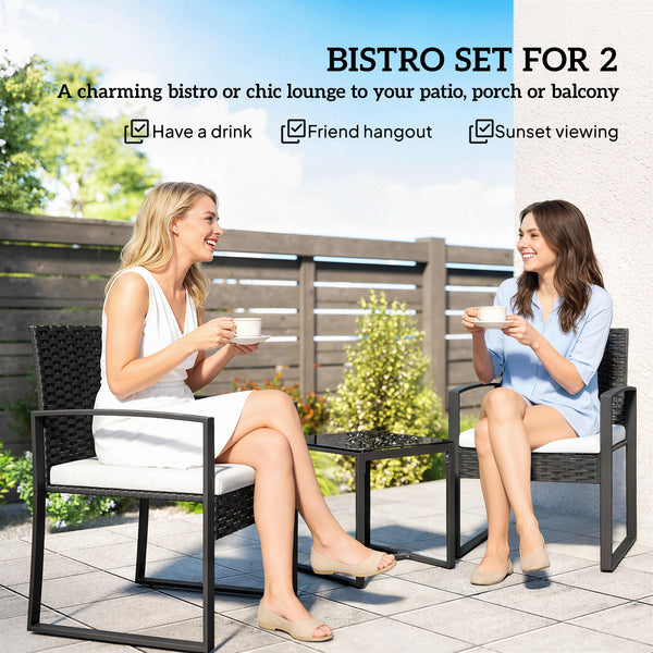 Outdoor Bistro Set, 3 Piece Wicker Patio Furniture Set with Glass Top Table and Cushions for Porch, Balcony, Cream White