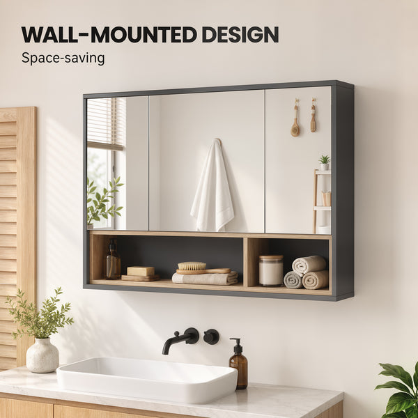 Wall-mounted bathroom cabinet with mirror and 8 storage compartments, gray