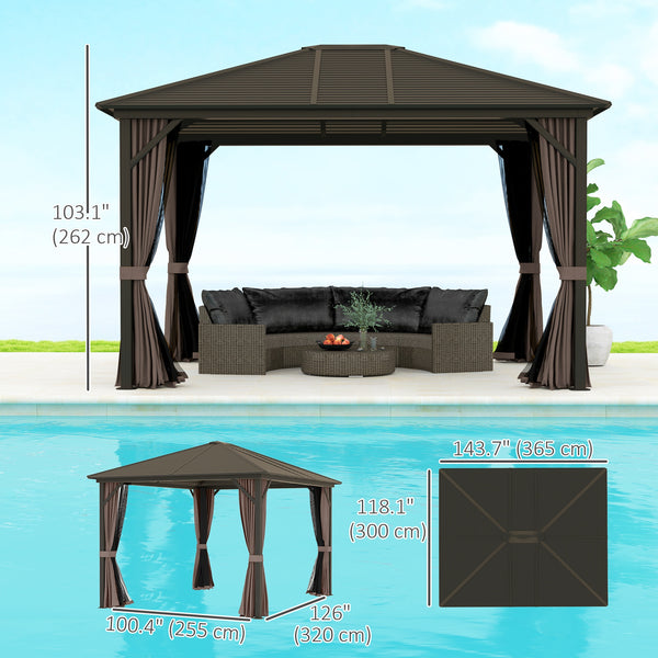 10' x 12' Deluxe Hardtop Gazebo Aluminum Frame Patio Gazebo Garden Sun Shelter Outdoor Pavilion, Coffee