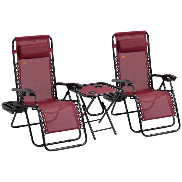 Set of 2 patio chairs with side table, cup holders and cushion, red