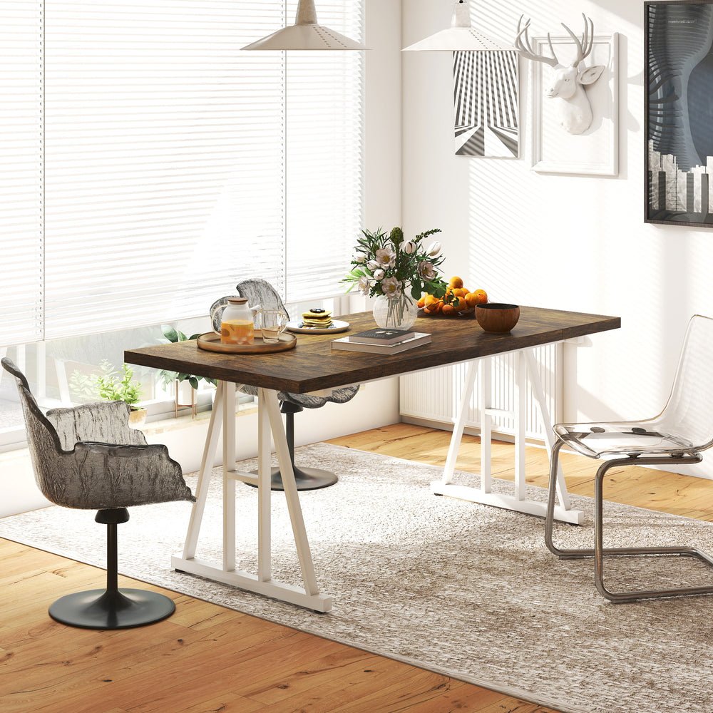 Farmhouse style kitchen table for 8 people, rectangular with thick top and steel trestle legs, brown and white