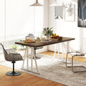 Farmhouse style kitchen table for 8 people, rectangular with thick top and steel trestle legs, brown and white