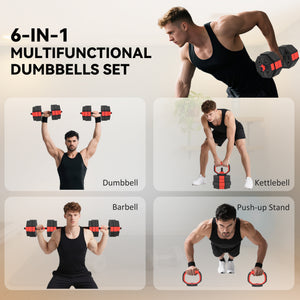 55 lb 6-in-1 Adjustable Dumbbell Set with Barbell, Kettlebell, and Push-up Stands