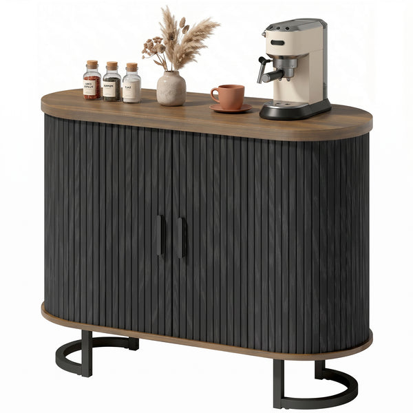 Sideboard Buffet Cabinet with Curved Tambour Doors, Thick Tabletop and Arc Metal Legs Brown and Black